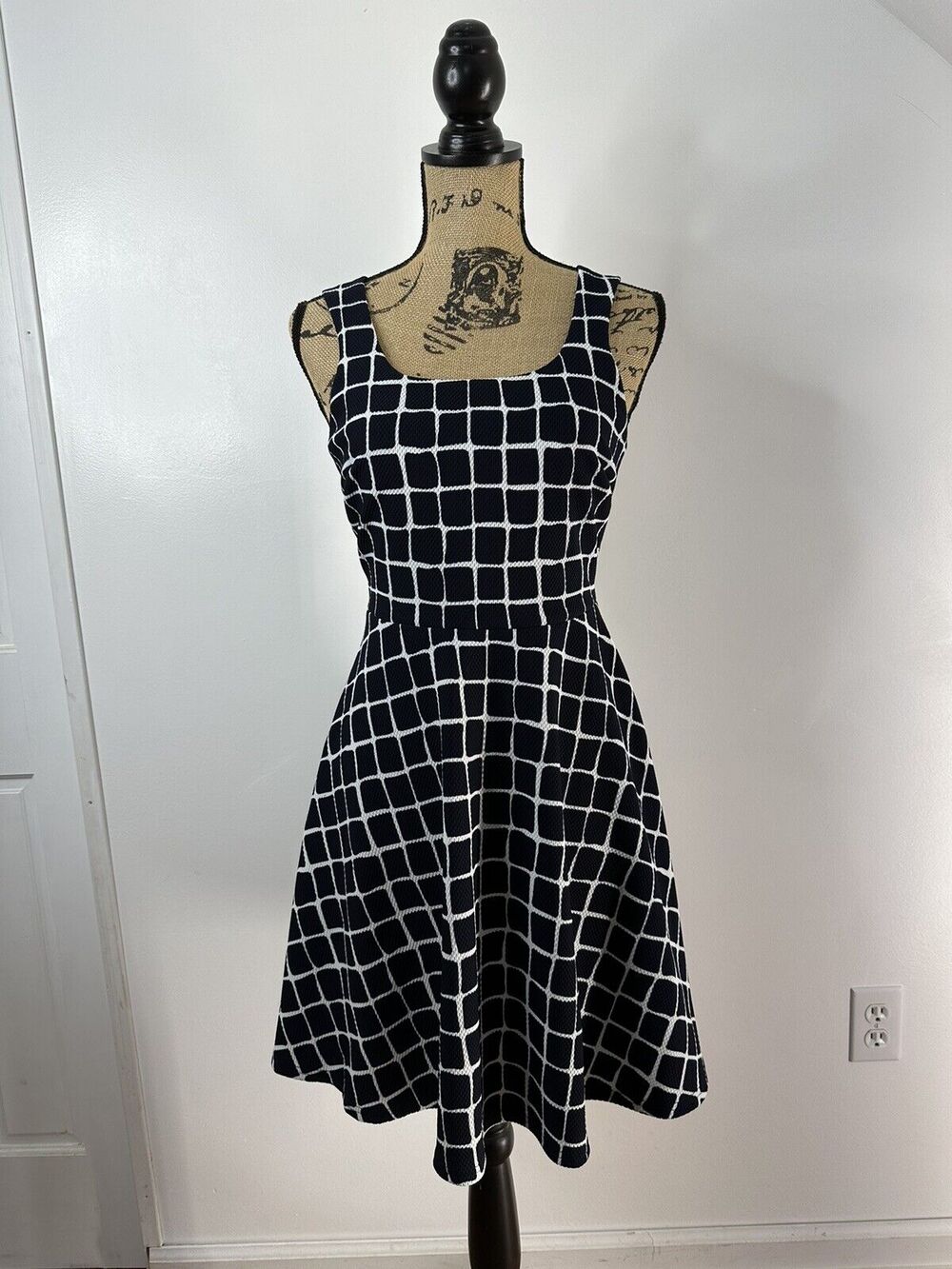 41 Hawthorn Navy Window Pane Plaid Waffle A-Line Sleeveless Dress Stretchy Sz Sm